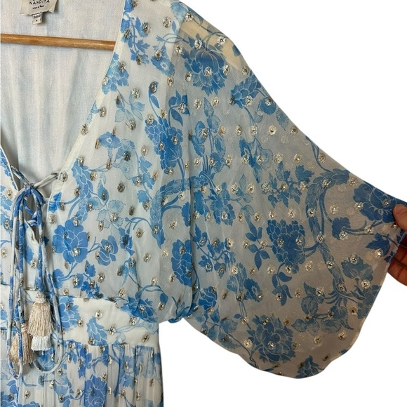 Hemant & Nandita Caleb Maxi Dress Blue White Dolman Sleeves Tiered Small S - Picture 9 of 16